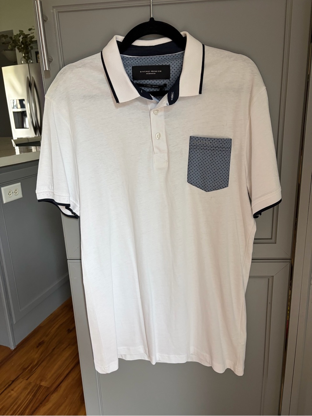 Men's White Polo with Navy Contrast Pocket and Trim
